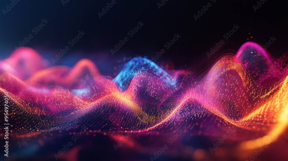 Poster a graphic representation of electrical waveforms in a vibrant color scheme, set against a dark backg