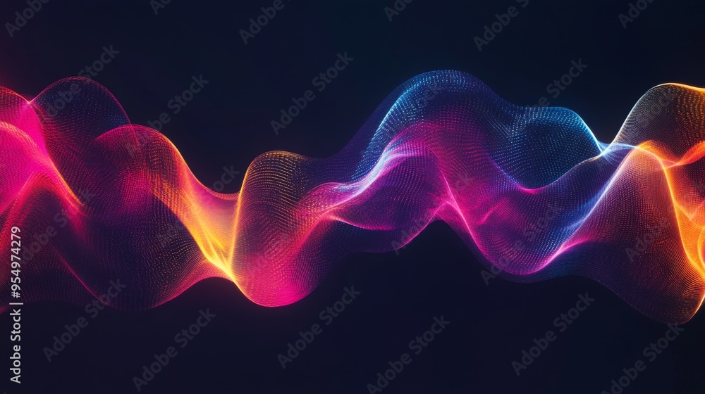 Poster a graphic representation of electrical waveforms in a vibrant color scheme, set against a dark backg