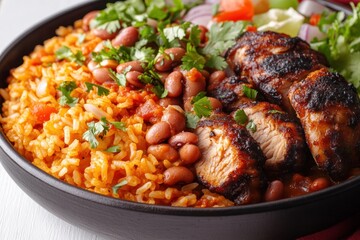 Fototapeta premium Close-up of a Bowl of Rice, Beans, Grilled Chicken, and Cilantro