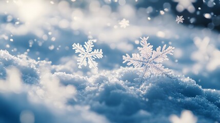 Snowflakes drifting in the wind against a snowy landscape, winter wonder, delicate airflow.