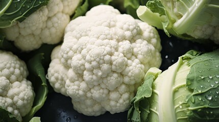 Pile of fresh cauiflower with glistening droplets of water. Advertising photography. Neural network ai generated art