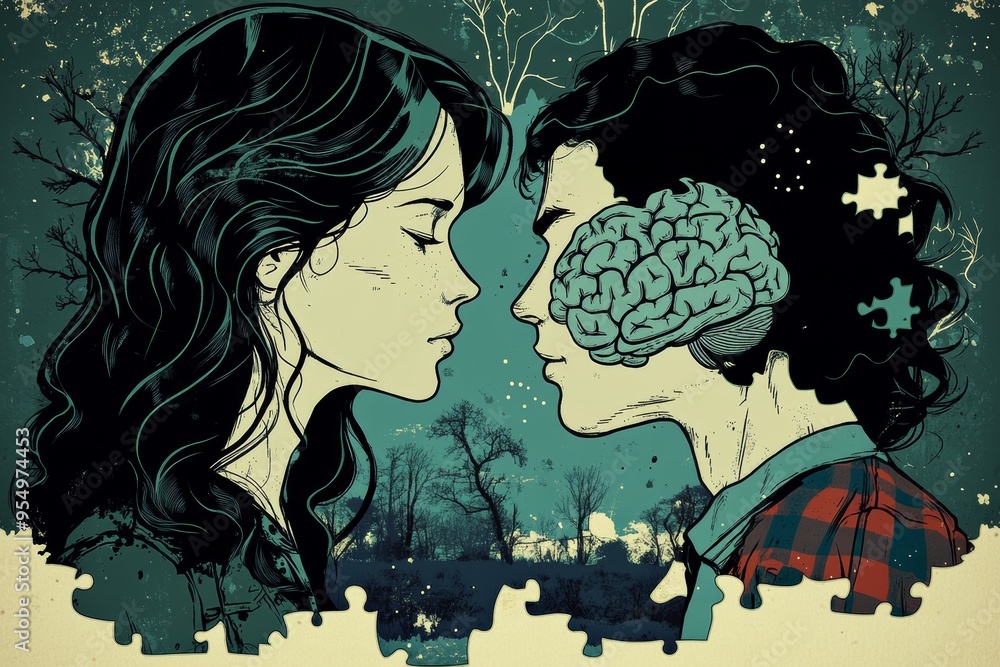 Poster epilepsy sentient artistic illustration of a couple with brain patterns symbolizing the intellectual