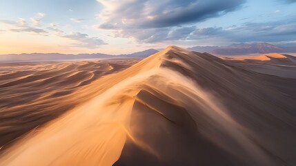 Naklejka premium Wind shaping sand dunes in a desert with clear airflow trails, nature's artistry, desert beauty.