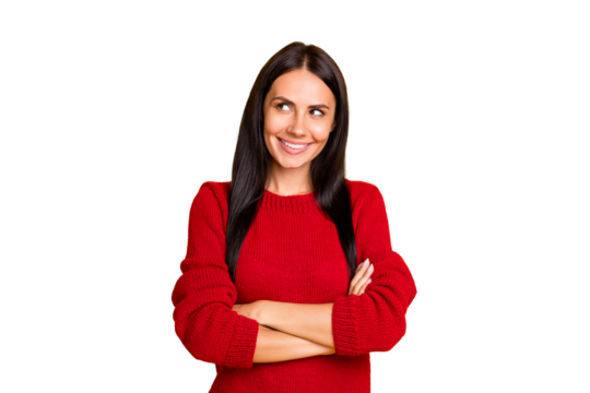 Portrait of cute lady think cross hands wear red pullover isolated over bright color background