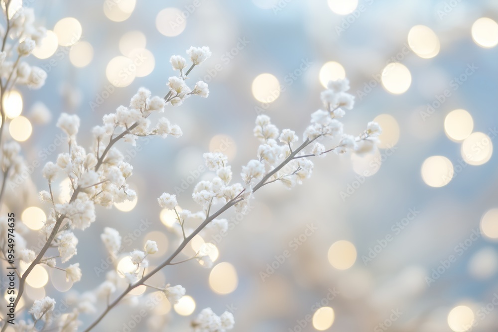 Poster delicate white flowers against a soft background of shimmering bokeh lights in a serene setting