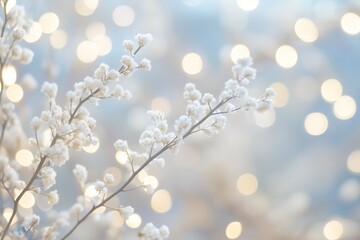 Fototapeta premium Delicate white flowers against a soft background of shimmering bokeh lights in a serene setting