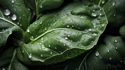 Pile of fresh collard green with glistening droplets of water. Advertising photography. Neural network ai generated art