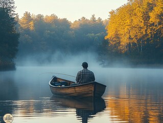 fishing in the morning, man fishing, autumn lake, sitting, small boat and holding up, line with the view from behind, surrounding trees, misty reflections, dressed for fall, flannel, jeans, vibe