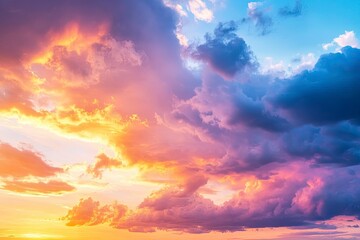 Fototapeta premium colorful clouds and sky,Dusk, Sunset Sky Clouds in the Evening with colorful Orange, Yellow, Pink and red sunlight and Dramatic storm clouds on Twilight sky, Landscape horizon , ai