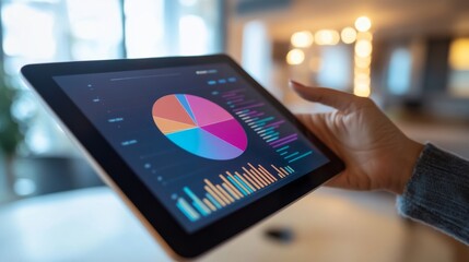 A hand holding a tablet displaying a pie chart, with clear labels and colors, demonstrating data analysis and digital tools in use.