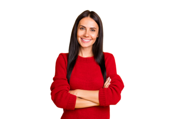 Portrait of lovely lady cross her hands wear red modern sweater isolated over yellow background