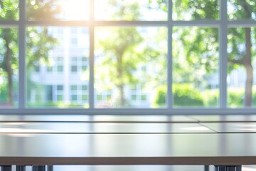 Fototapeta premium Beautiful blurred background of bright classroom and study room with panoramic windows and beautiful lighting. Blurred Empty school background , ai