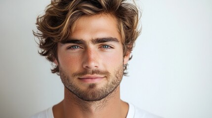 Fototapeta premium A handsome man with tousled hair and a relaxed demeanor, captured in a head-and-shoulders shot with a clear focus on his facial details against a white backdrop.