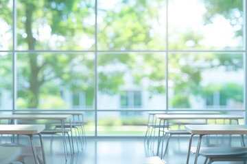 Beautiful blurred background of bright classroom and study room with panoramic windows and beautiful lighting. Blurred Empty school background , ai