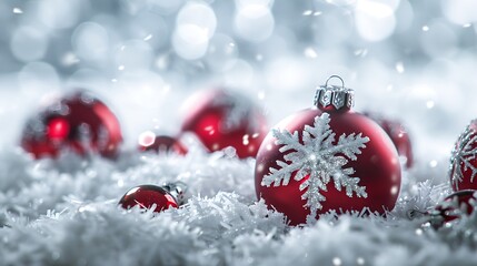 Fototapeta premium Christmas background with red Christmas ornaments and snowflakes on white tinsel, bokeh effect, copy space concept. New Year decoration. 