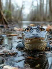 Obraz premium Close-up of an Alligator's Face in a Swampy Environment