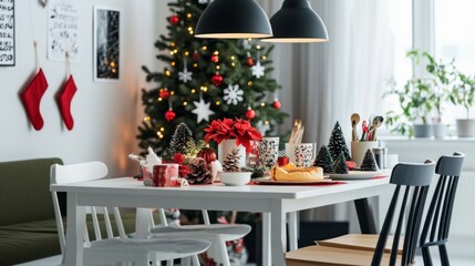 festive Christmas dining setup with a white table, decorated with red and green elements. Snowflake ornaments hang on the walls, and a Christmas tree adorned with white and red ornaments stands in the