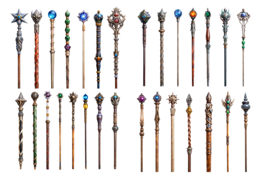 Set of magic wizard staffs with unique tops png
