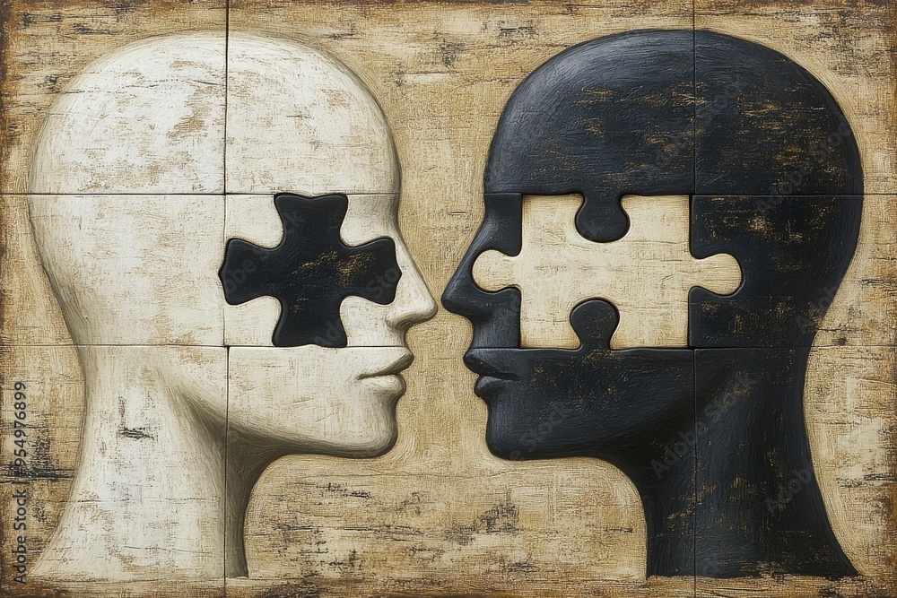 Poster oligodendroglioma sentient abstract art of two faces with puzzle pieces and glowing brains symbolizi