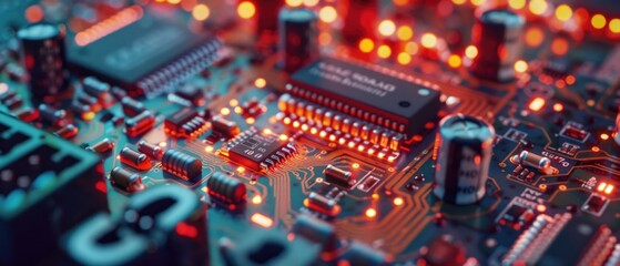 Obraz premium Glowing Circuit Board with Red and Orange Lights