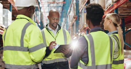 Distribution, team and tablet in warehouse for inspection training, service delivery and inventory management. Logistics, people or tech with supply chain instructions, staff meeting or stock control - Powered by Adobe