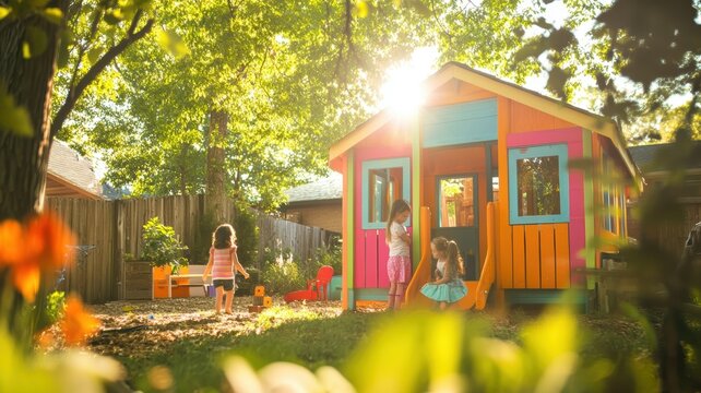 Children enjoy playing around a colorful playhouse in a sunlit backyard, surrounded by greenery and summer light.