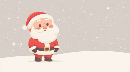 Obraz premium A cute cartoon illustration of Santa Claus standing in a snowy landscape. Santa, dressed in his traditional red suit with a white beard and hat, is smiling warmly as snowflakes gently fall around him.