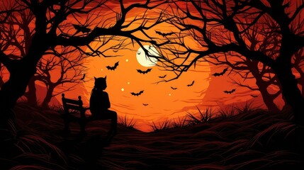 A silhouette of a figure with cat ears sits on a bench against a vibrant sunset, surrounded by bats and bare trees.