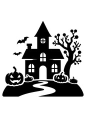 Haunted House SVG, Halloween House SVG, Creepy House SVG, Bats SVG, Pumpkins SVG, Fall SVG, Autumn SVG, Trick or Treat SVG, Halloween Silhouette, Cut file for Cricut SVG, JPG, PNG