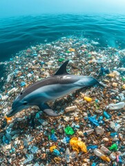 Obraz premium Dolphin Swimming Through Plastic Pollution in the Ocean