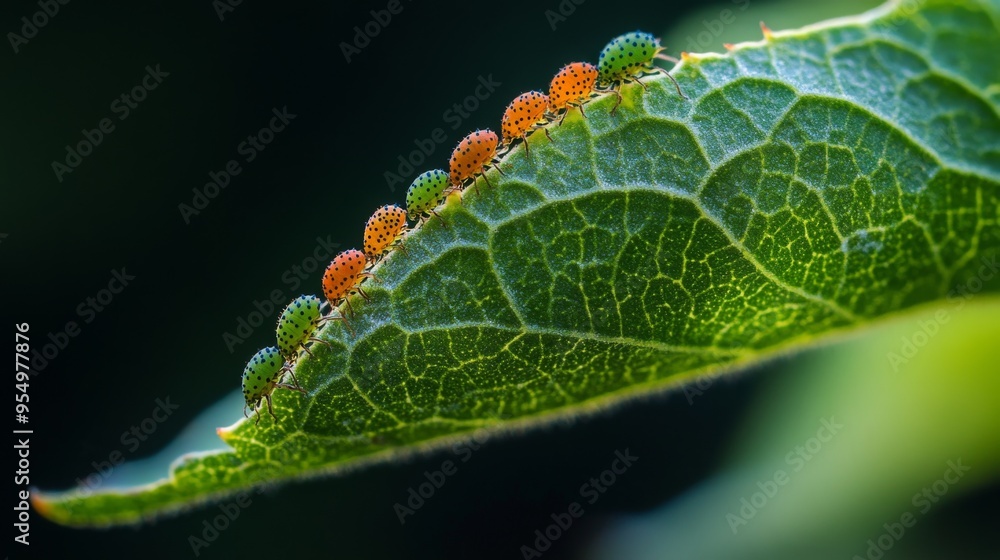 Poster A leaf with small, colorful insects like aphids or beetles clustered on it, highlighting their tiny size and the texture of the leaf they are on.