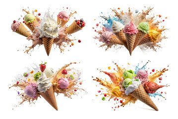 Set of delicious ice cream explosion png