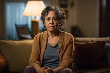 Fototapeta premium Worried Hispanic senior woman sitting on couch at home
