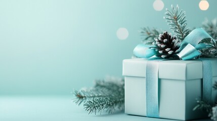 of a white gift box wrapped in a turquoise ribbon, topped with a holly branch decoration. The background features soft-focus evergreen branches and white berries, creating a festive holiday 