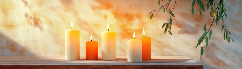 A peaceful evening in a rustic kitchen, candles lit on a wooden table, shadows dancing on the walls, warm amber tones, oil painting style