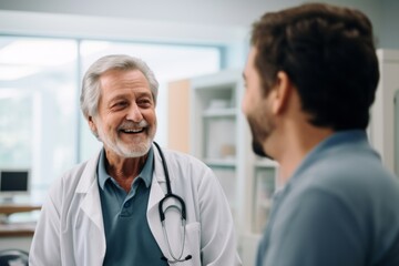 Fototapeta premium Elderly male doctor talking to patient in hospital
