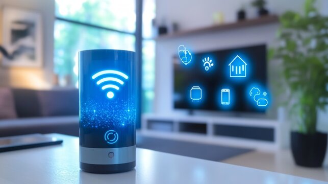 Photo of a Wi-Fi device with smart home icons floating above it in a modern living room setting. The blue icons represent various smart home functions, creating a futuristic atmosphere in a cozy home 