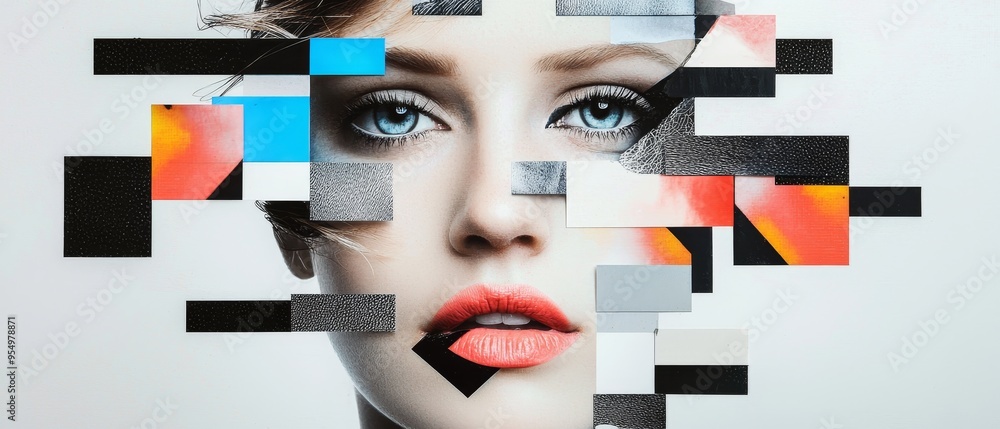 Poster collage-style portrait with a focus on the eyes, using mixed media elements and abstract blocks of c