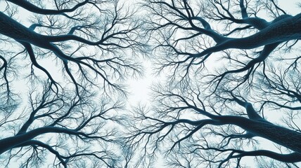 Fototapeta premium A captivating view of tree branches stretching towards the sky, creating an intricate silhouette against a serene background.