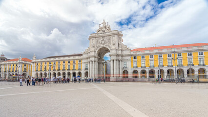 Triumphal arch at Rua Augusta at Commerce square timelapse hyperlapse in Lisbon, Portugal.