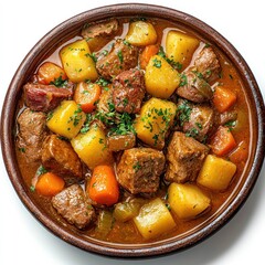 Beef Stew with Potatoes, Carrots, and Parsley in a Brown Bowl