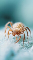 Macro photograph of a single light-colored spider on a blurred blue background, focus on details and texture, spider centered in the frame, vertical image with copy space around the subject