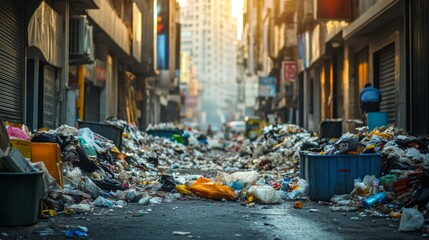 Photograph of a city street filled with garbage and waste, view of an empty street with closed shops, horizontal format, atmosphere of neglect and pollution

city, pollution, garbage, neglect