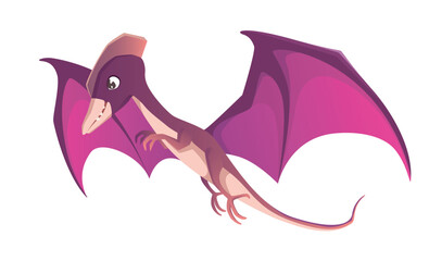 Detailed flat vector illustration of a purple pterodactyl in flight with large wings The dinosaur is shown in a cartoonish style on a white background © alexdndz