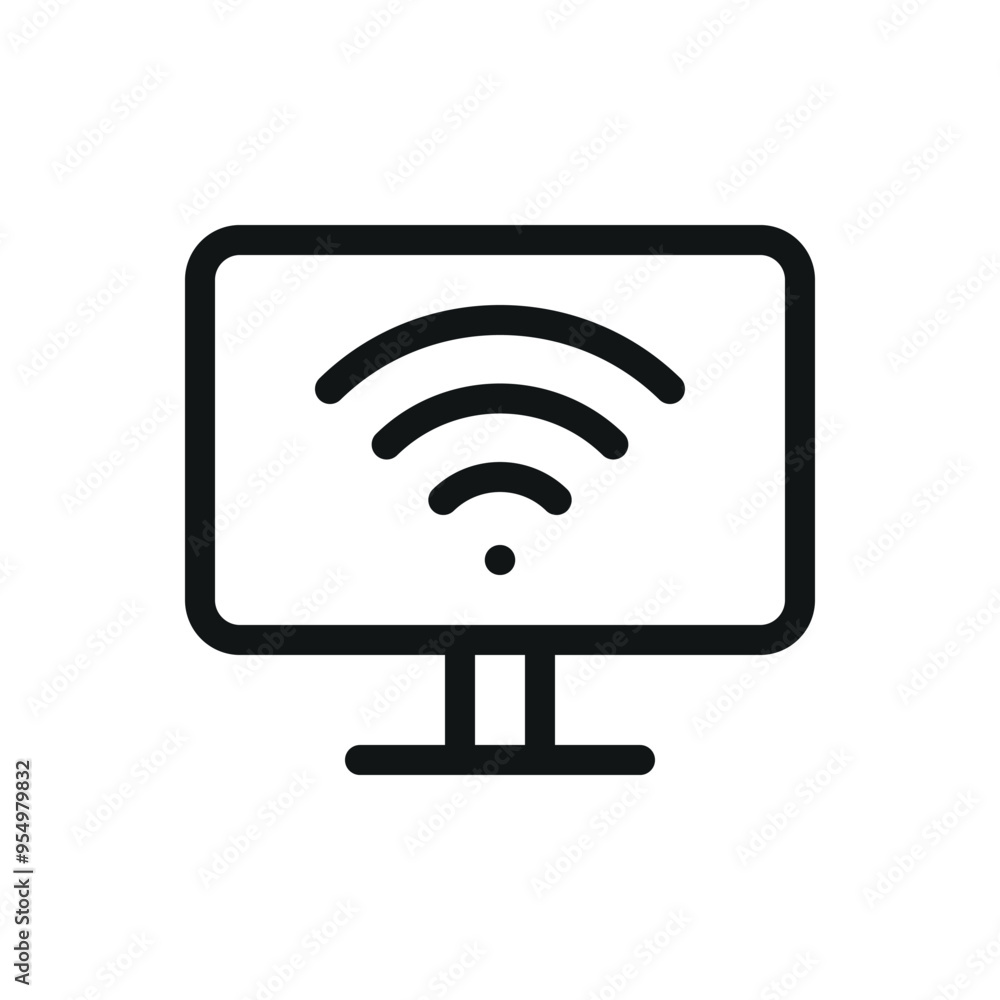 Poster desktop computer with wifi isolated icon, display screen with wi-fi vector symbol with editable stro