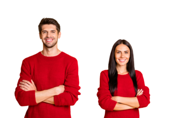 Portrait of cute lady and guy cross hands wear red sweater isolated over vivid color background
