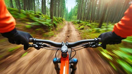 High-speed mountain biking on a forest path, rider s skill and the rough trail captured in action