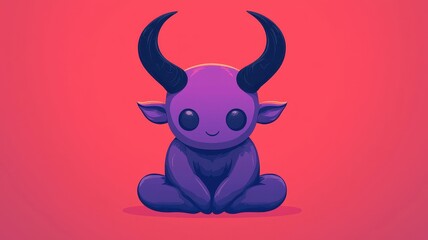 Naklejka premium A cute purple creature with horns, sitting happily against a vibrant red background, perfect for playful and whimsical themes.