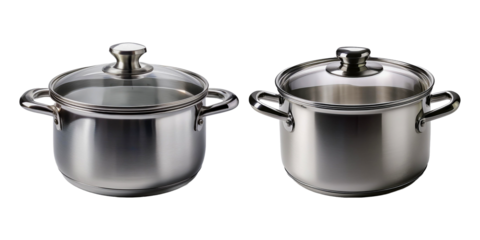 two pots with lids that say  pans  on the bottom.