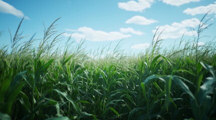 Obraz premium A lush cornfield under a clear blue sky, with tall green stalks swaying in the breeze, representing agricultural abundance and growth.